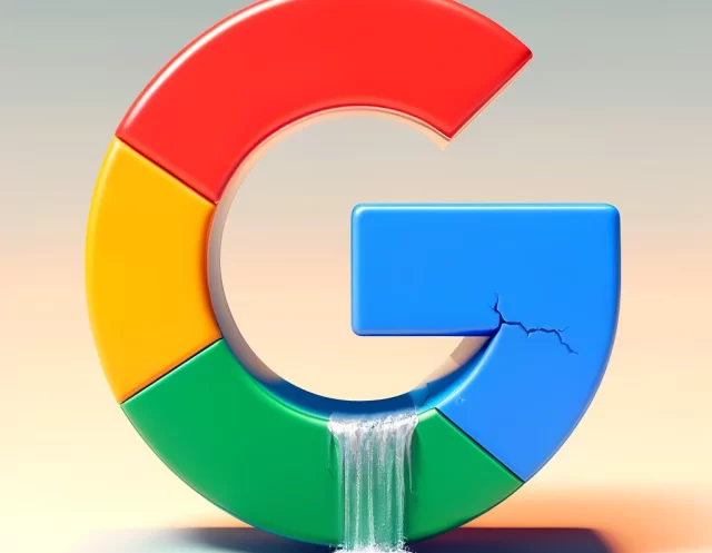 DALL·E-2024-05-29-15.57.25-An-image-depicting-the-Google-logo-with-a-water-leak.-The-Google-logo-should-be-prominently-displayed-with-water-flowing-out-from-a-crack-or-gap-in-th